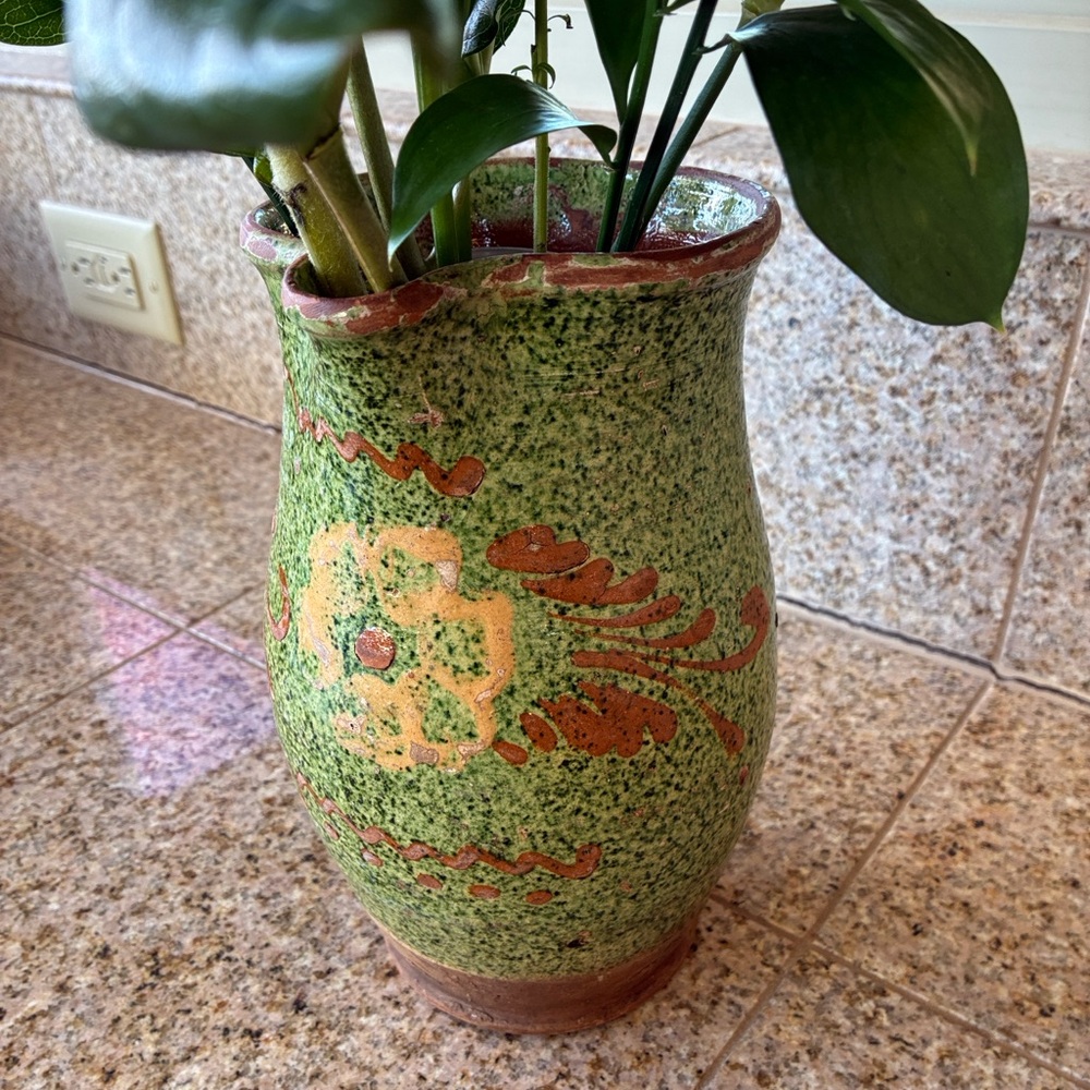 Italian ceramic pitcher rustic or folk art style, speckled green glaze Red Clay